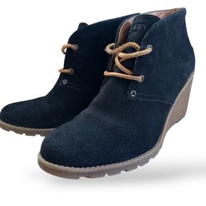 Sperry Stella black suede wedge leather ankle booties